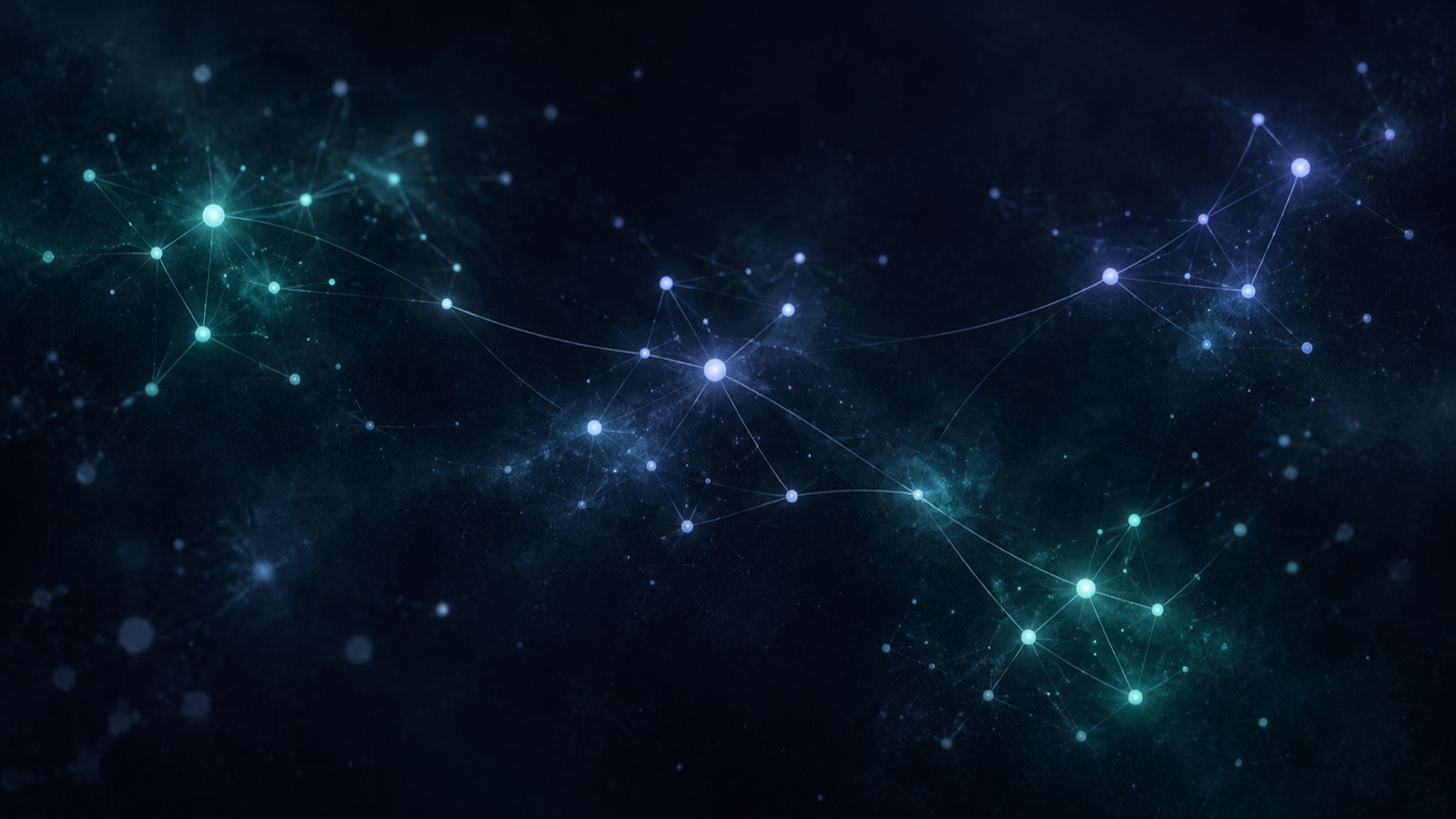 Restrained teal and periwinkle constellation nodes connected across a dark navy field.