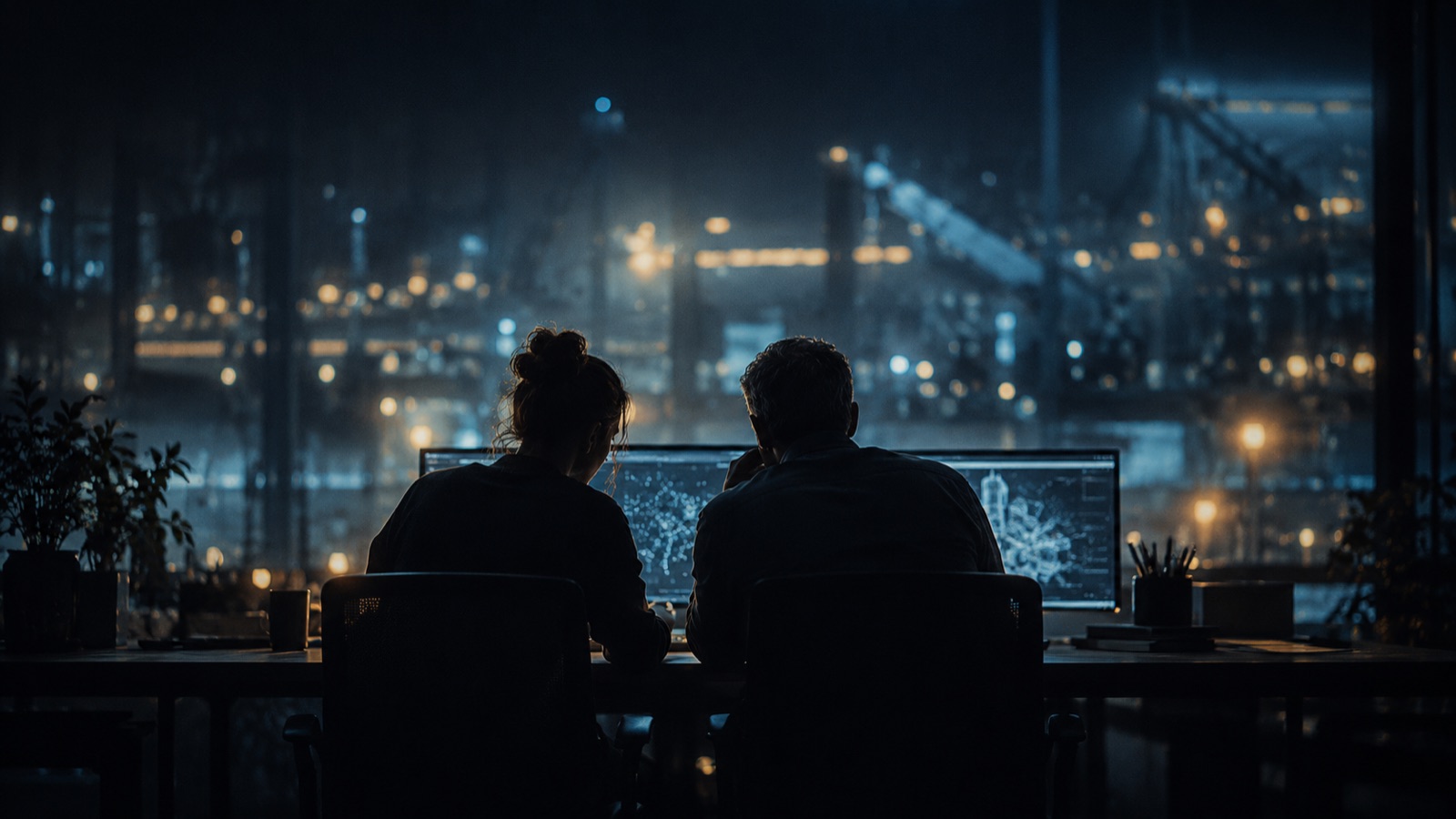 Two silhouetted colleagues working side by side at a shared desk, lit by muted teal and periwinkle light.
