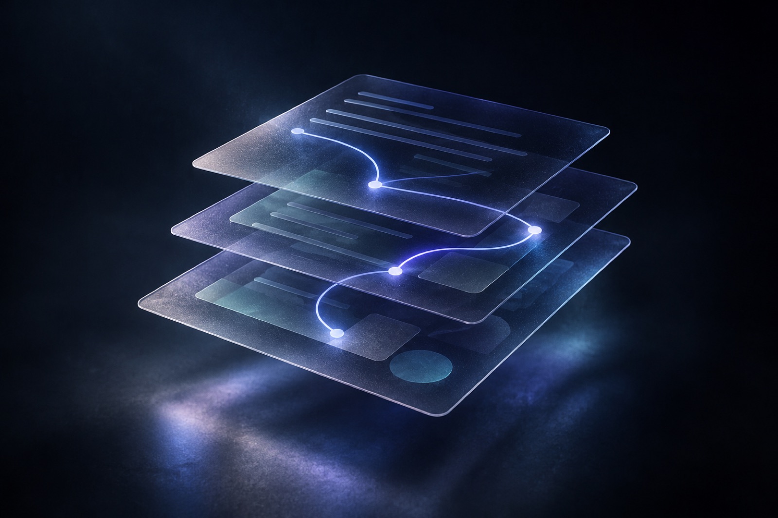 Translucent document layers with a softly illuminated path revealing connections between them.